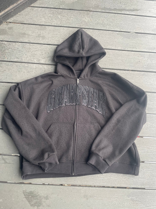 BLACK ON BLACK ALL OVER RHINESTONE STARLIGHT HEAVY WEIGHT JACKET.
